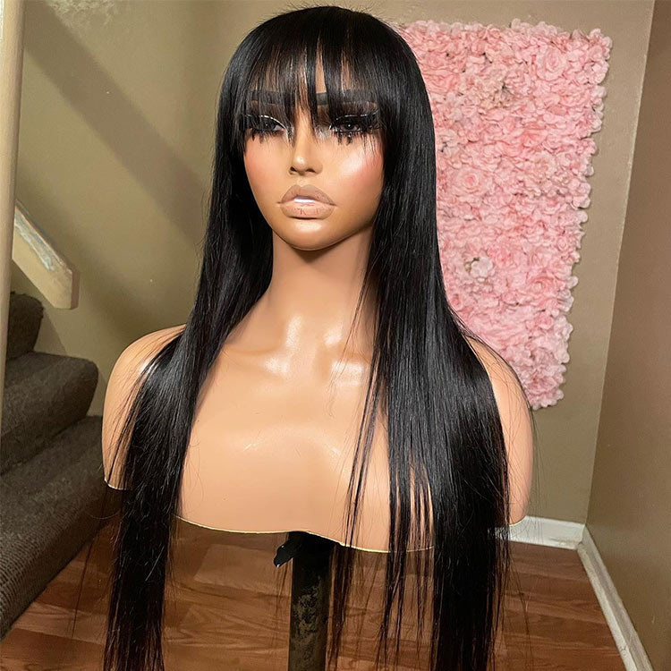 Straight Wig With Bangs Amazon.com : KKU 16 Inch Dark Brown Human Hair Wigs for  main image 4