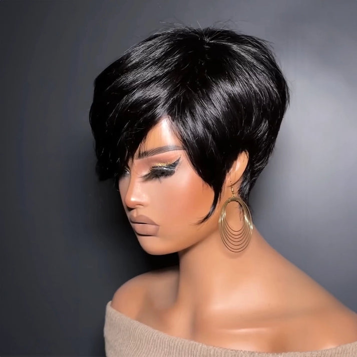 Short Layered Glueless Pixie Wig with Asymmetrical Side Bangs