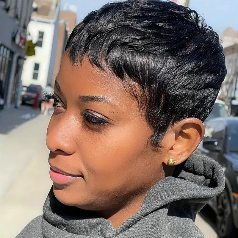 Peluca de corte pixie Peluca de máquina completa de cabello humano ondulado