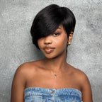 Short Layered Glueless Pixie Wig with Asymmetrical Side Bangs