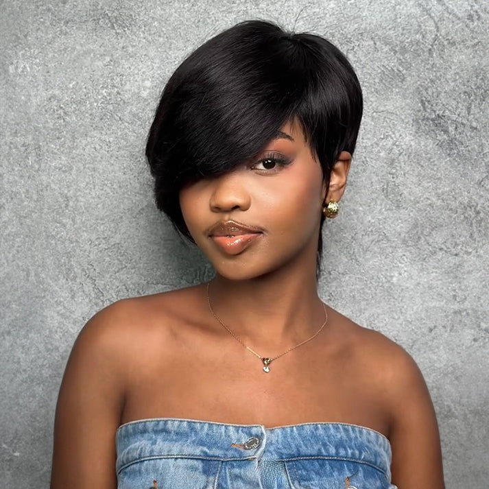 Short Layered Glueless Pixie Wig with Asymmetrical Side Bangs