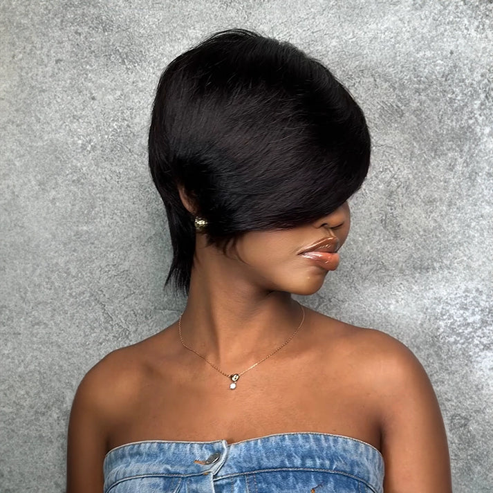Short Layered Glueless Pixie Wig with Asymmetrical Side Bangs