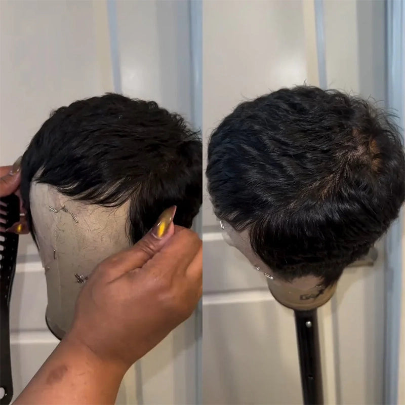 Colorful Full Lace Pixie Cut Wig 100% Human Hair Wig With Drawstring Wispy Bangs