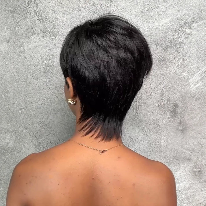 Short Layered Glueless Pixie Wig with Asymmetrical Side Bangs