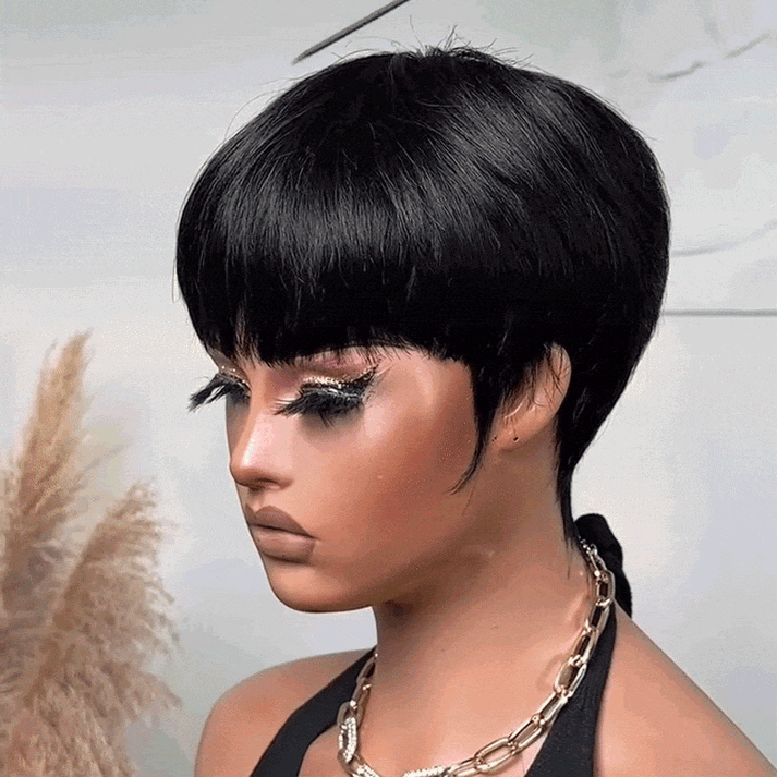 Vintage Chic Pixie Cut with Natural Hair Full Bangs Drawn Sideburns
