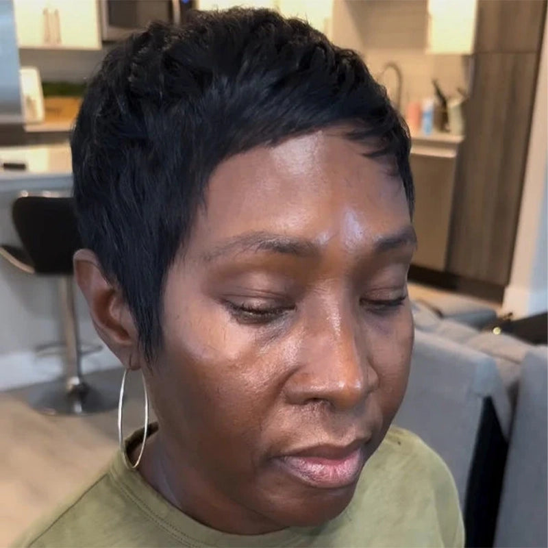 Colorful Full Lace Pixie Cut Wig 100% Human Hair Wig With Drawstring Wispy Bangs