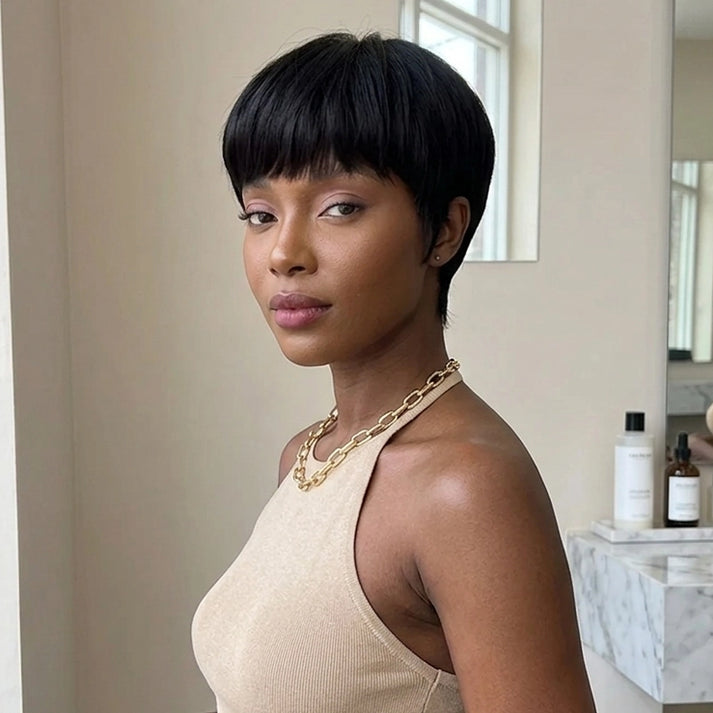 Vintage Chic Pixie Cut with Natural Hair Full Bangs Drawn Sideburns