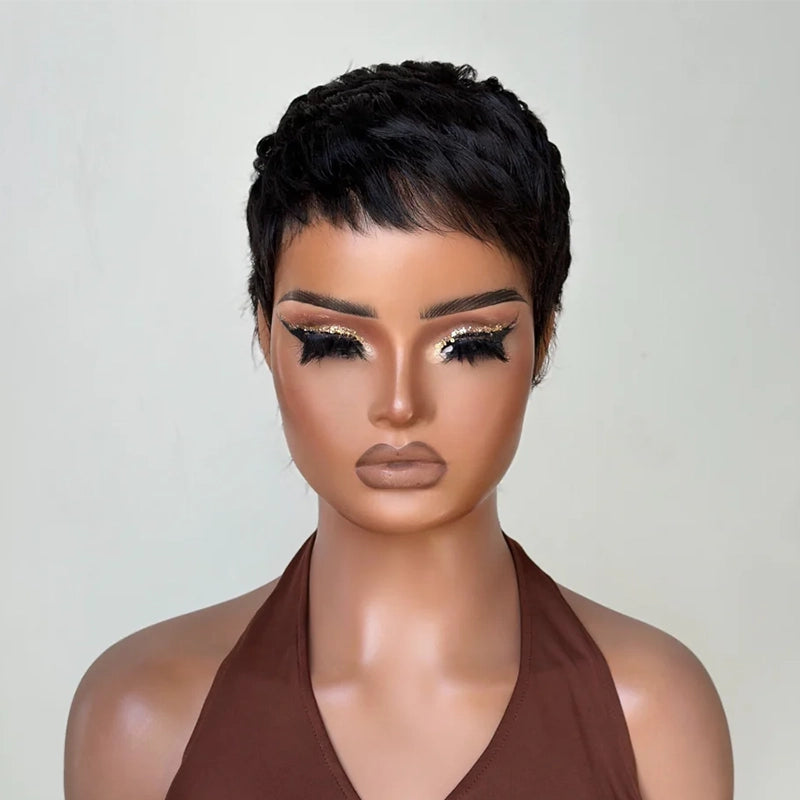 Peluca de corte pixie Peluca de máquina completa de cabello humano ondulado