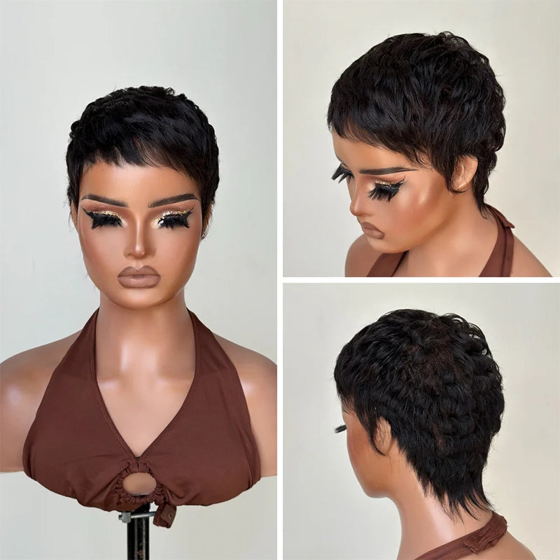 Colorful Full Lace Pixie Cut Wig 100% Human Hair Wig With Drawstring Wispy Bangs