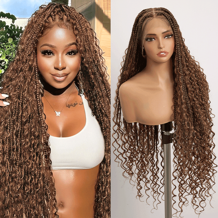 36 Inch Chocolate Brown Bohemian Braided Full Lace Wig With Baby Hair Premium Synthetic 300% Density