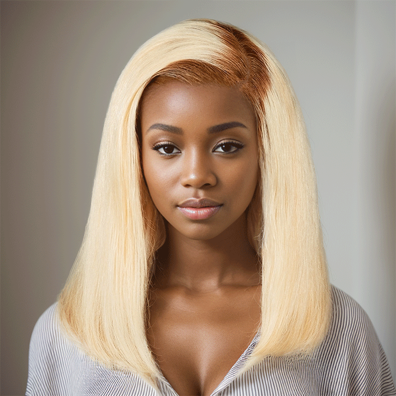 black woman wear 13x4 C Part Brown Blend Blonde Lace Frontal Human Hair Bob Wig