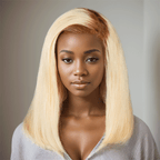 black woman wear 13x4 C Part Brown Blend Blonde Lace Frontal Human Hair Bob Wig