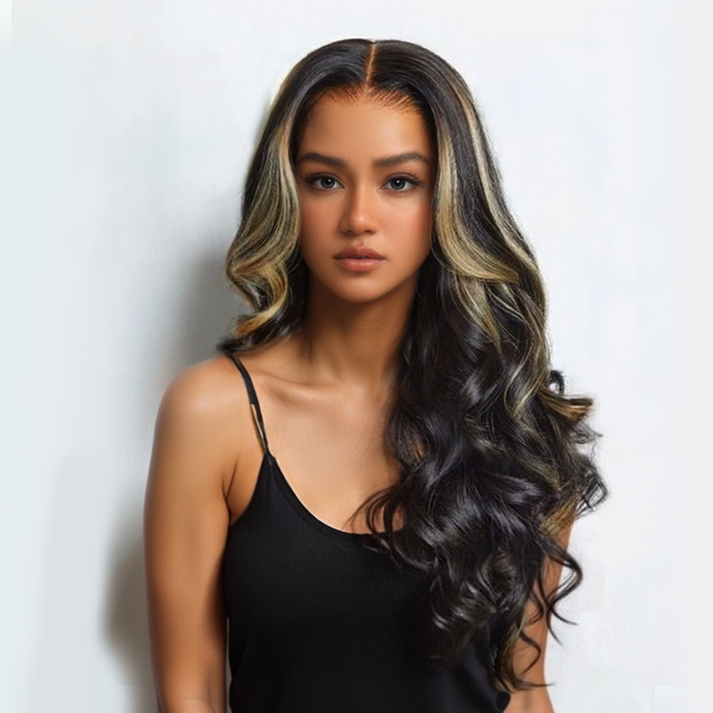 5x5 Glueless Knotless Blonde Highlight Body Wave Wig With Adjustable Cap