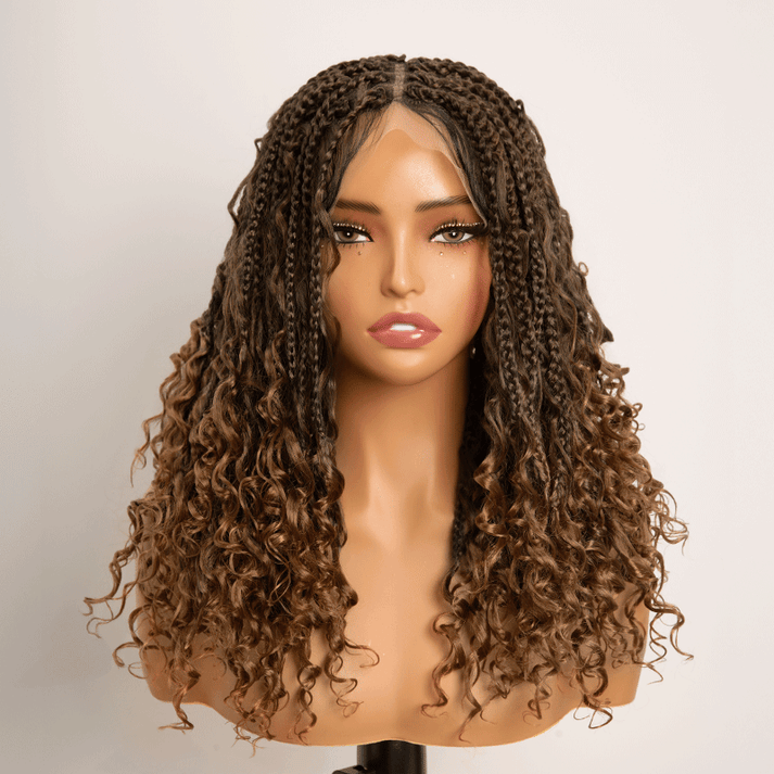 Bohemian Full Lace Braided Wig Brown Ombre with Baby Hair Synthetic 300% Density