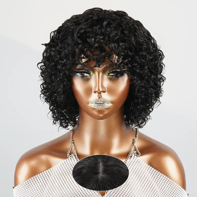 Glueless Natural Playful Curls Short Bob Wig With Curly Bangs