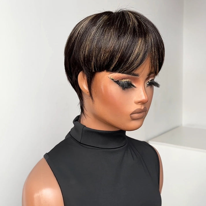 Retro Pixie Wig 100% Human Hair Black Straight Bangs Drawn Sideburns Highlights