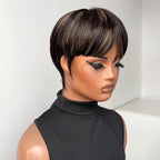Retro Pixie Wig 100% Human Hair Black Straight Bangs Drawn Sideburns Highlights