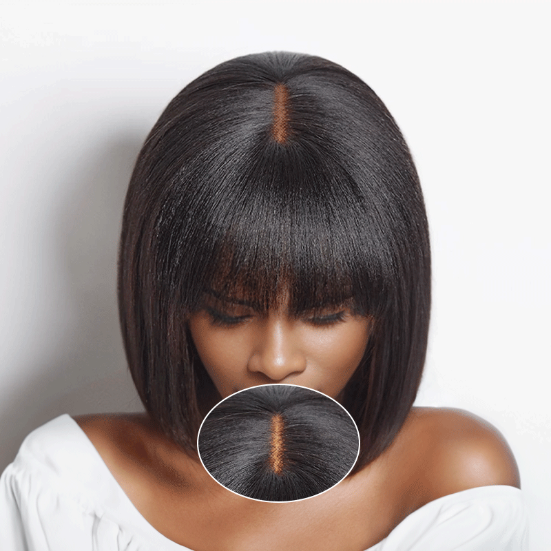 black woman wear Glueless Yaki Straight Bob Wig