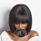 black woman wear Glueless Yaki Straight Bob Wig