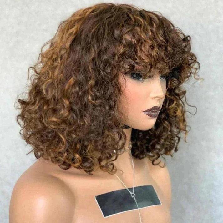 Brazilian Human Hair Wig With Bangs Jerry Curly Glueless Hair 180% Density For Black Women