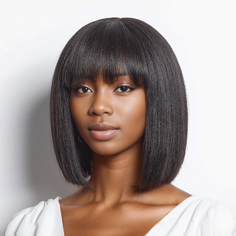 black woman wear Glueless Yaki Straight Bob Wig