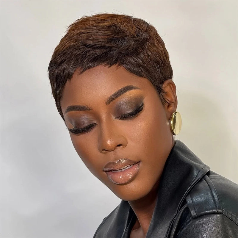 Colorful Full Lace Pixie Cut Wig 100% Human Hair Wig With Drawstring Wispy Bangs