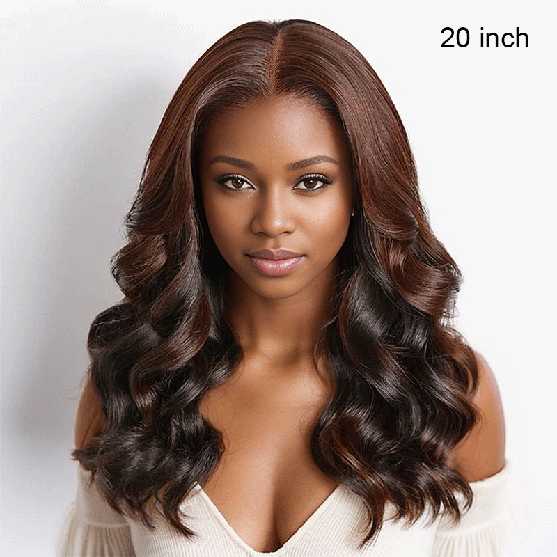 black woman wear 9x6 Glueless Peekaboo Bronze Brown Bob Wig Loose Body Wave