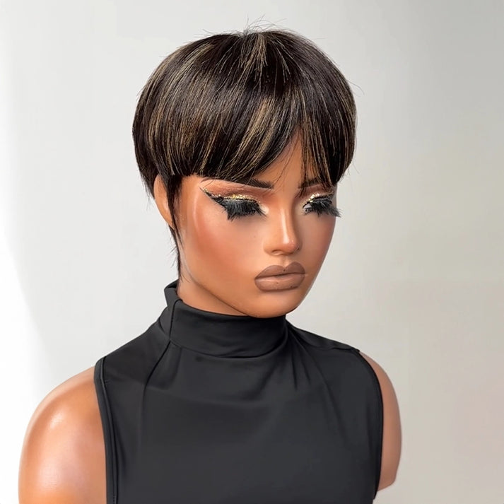 Retro Pixie Wig 100% Human Hair Black Straight Bangs Drawn Sideburns Highlights