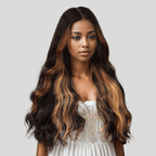 black woman wear 9x6 Chic Glueless Blonde Highlight Body Wave Wig