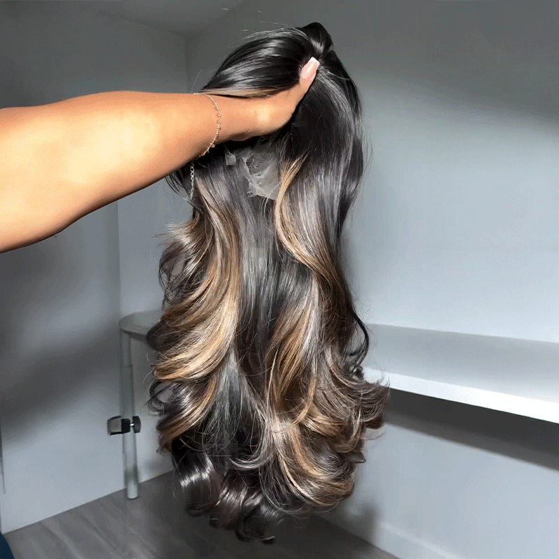 Luxury 13x4 Glueless Layered Highlight Wavy Wig Human Hair Wear Go 250% Density