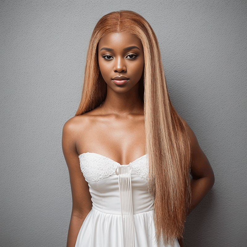 black woman wear 9x6 Glueless Blonde Highlight Wig Straight Human Hair