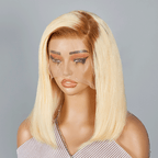 13x4 C Part Brown Blend Blonde Lace Frontal Human Hair Bob Wig