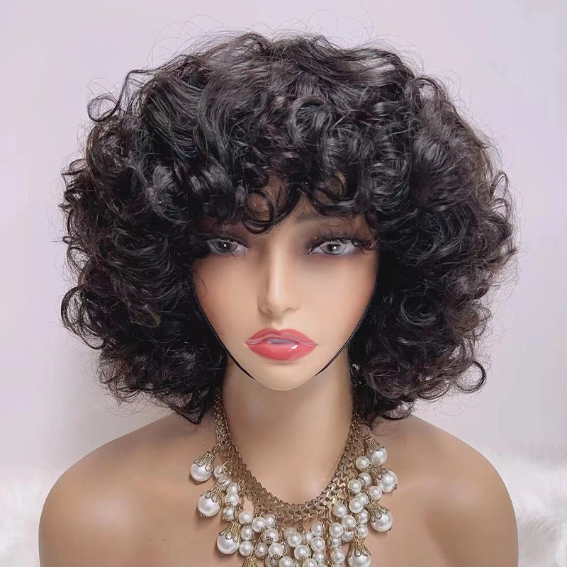 Fluffy Glueless Bob Curly Highlight Brown Human Hair Wig