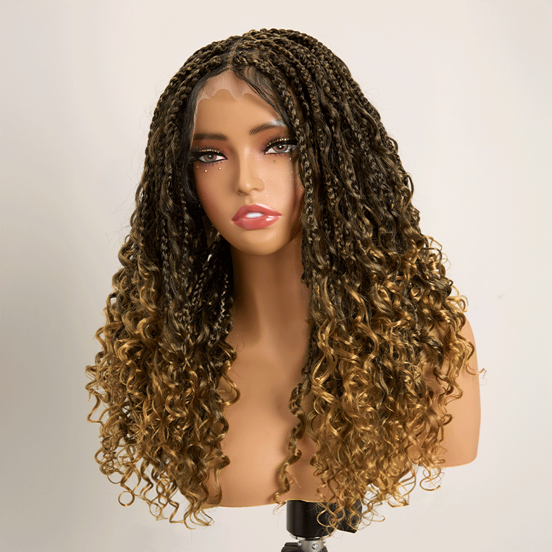 Bohemian Full Lace Braided Wig Honey Blonde Ombre with Baby Hair Synthetic 300% Density
