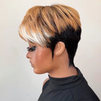 Two Tone Pixie Wig Light Brown White Glueless Wig Straight Bangs Sculpted Sideburns