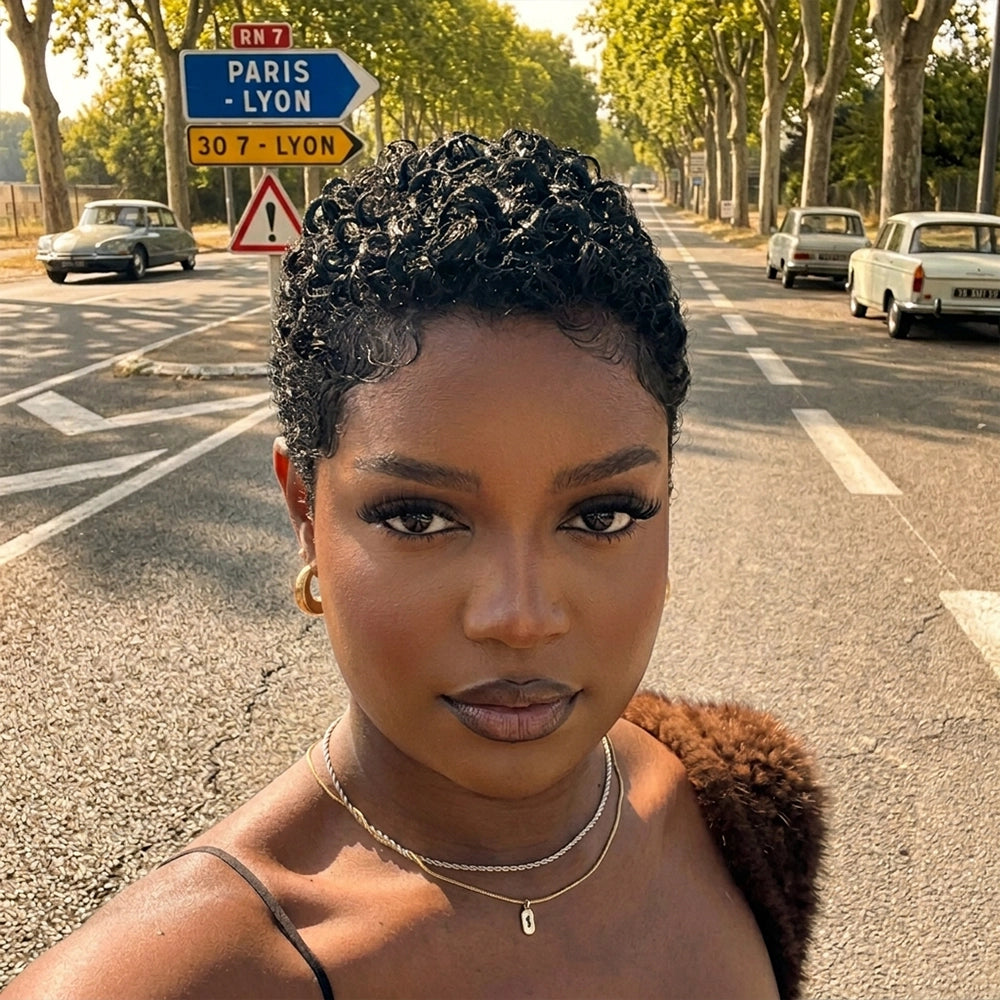 Full Lace Minimal Curly Afro Pixie Cut Wig With Drawstring Short Wig