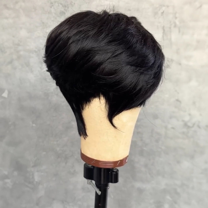 Short Layered Glueless Pixie Wig with Asymmetrical Side Bangs
