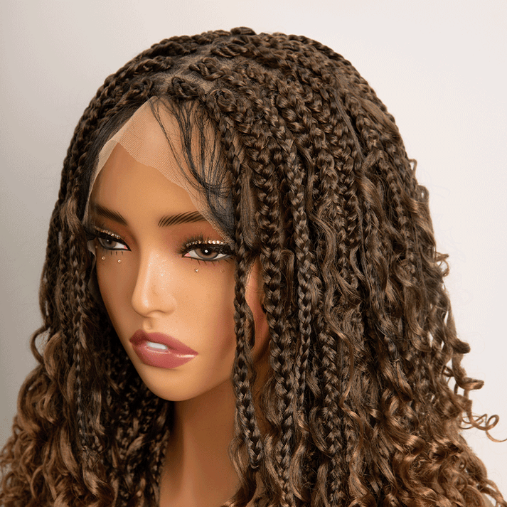 Bohemian Full Lace Braided Wig Brown Ombre with Baby Hair Synthetic 300% Density