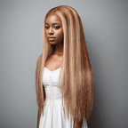 black woman wear 9x6 Glueless Blonde Highlight Wig Straight Human Hair