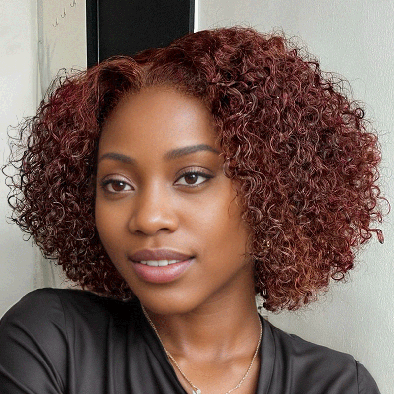 black woman wear 9x6 Glueless Dark Reddish Brown Bob Curly Wig