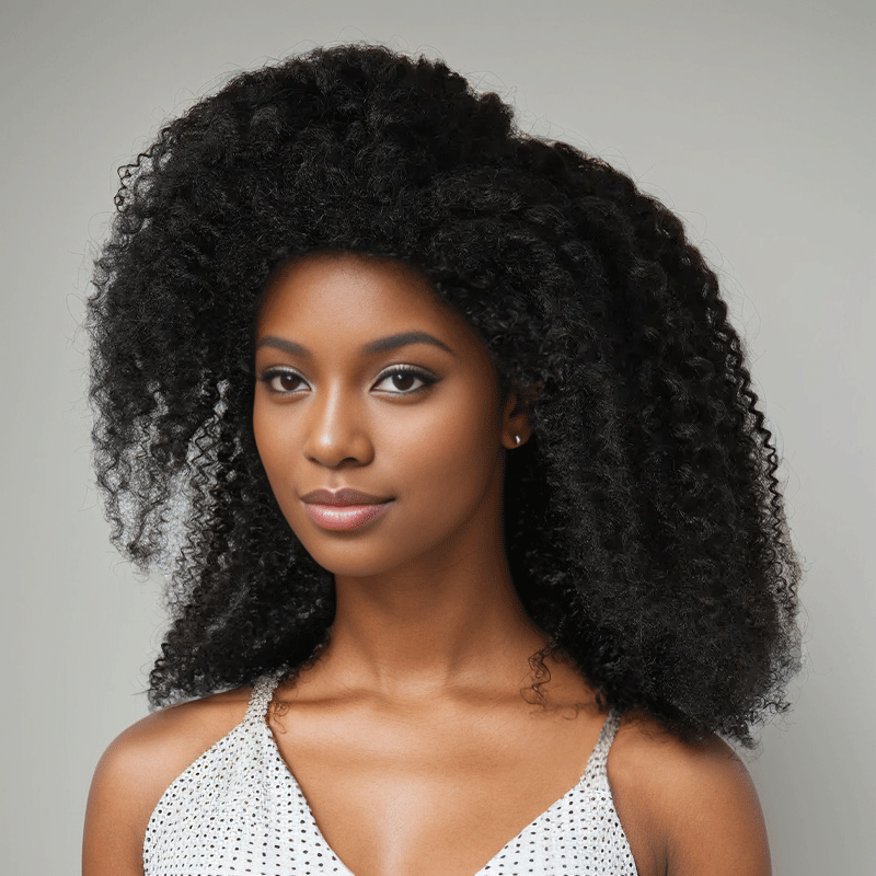 black woman wear 13x4 Glueless Kinky Edges Wig Kinky Curly Frontal Wig 2 Styles