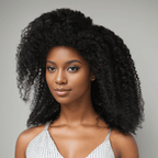 black woman wear 13x4 Glueless Kinky Edges Wig Kinky Curly Frontal Wig 2 Styles