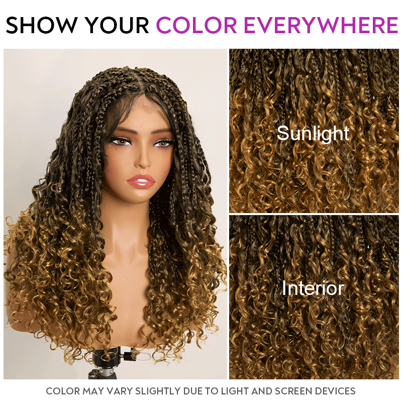 Bohemian Full Lace Braided Wig Honey Blonde Ombre with Baby Hair Synthetic 300% Density