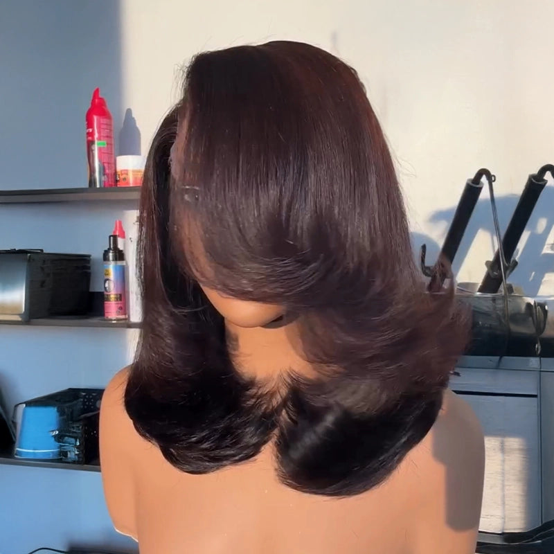 Glueless 13x4 Side Part Layered Black/Brown Wavy Mid-Length Wig