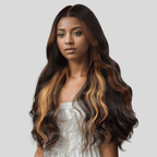 black woman wear 9x6 Chic Glueless Blonde Highlight Body Wave Wig