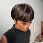 Retro Pixie Wig 100% Human Hair Black Straight Bangs Drawn Sideburns Highlights