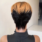 Two Tone Pixie Wig Light Brown White Glueless Wig Straight Bangs Sculpted Sideburns