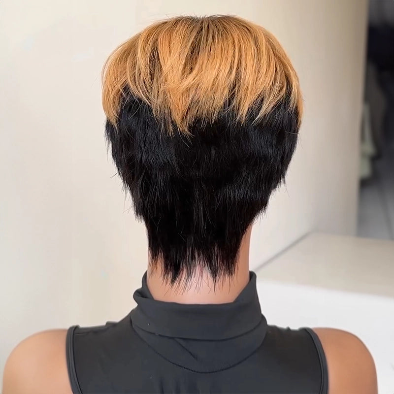 Two Tone Pixie Wig Light Brown White Glueless Wig Straight Bangs Sculpted Sideburns