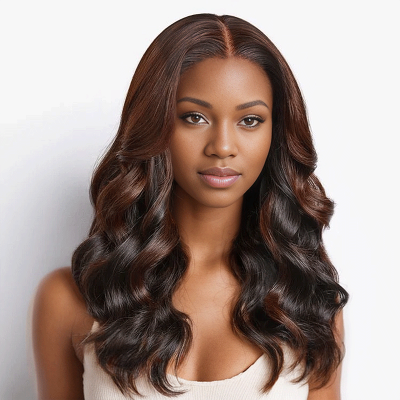 black woman wear 9x6 Glueless Peekaboo Bronze Brown Bob Wig Loose Body Wave