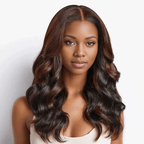 black woman wear 9x6 Glueless Peekaboo Bronze Brown Bob Wig Loose Body Wave